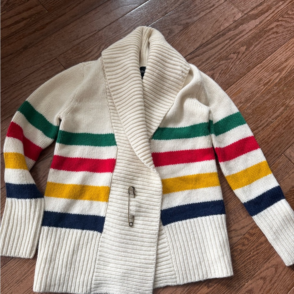 Cream and Red Crew Neck Sweater with Bold Stripes